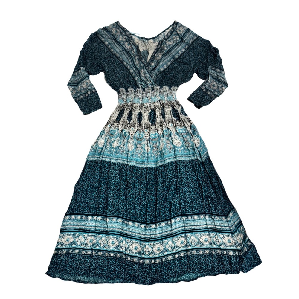 Free People Boho Midi Dress XS Teal Black Paisley Long Sleeve Empire Waist